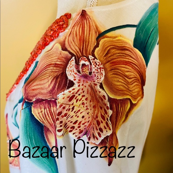 NEW Hand Painted Orchids on Linen Tunic Beaded Neck Long Sleeves Elastic Cuffs - Picture 2 of 4